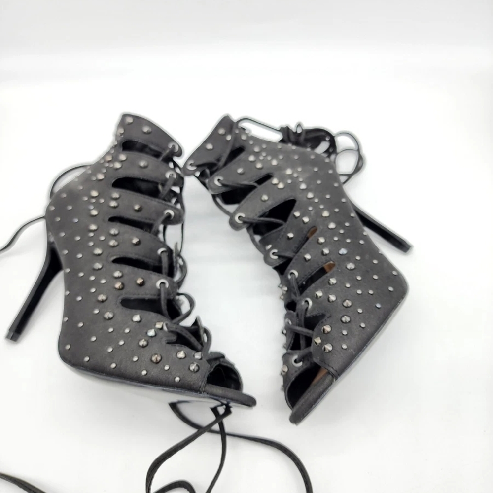 JustFab Black Lace-Up Peep Toe Stiletto Heels with Stud Accents 8